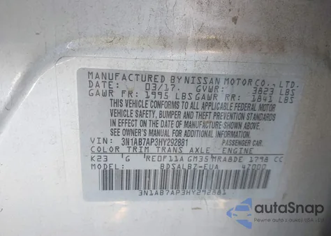 2017 Nissan Sentra S/Sv/Sr/Sl z USA, uszkodzony, nr VIN 3N1AB7AP3HY292881